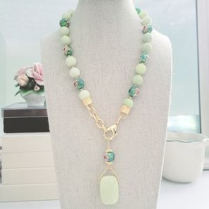 Lemon green chrysophrase cloisonne champleve beads gold tone necklace